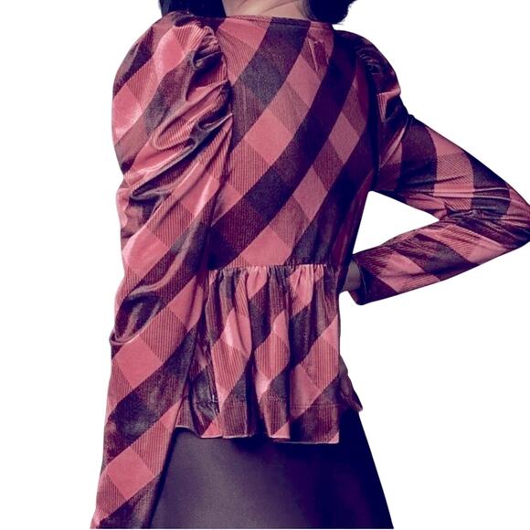 $78 NWT ANTHROPOLOGIE MAEVE velvet babydoll top pink plaid L - Picture 3 of 7